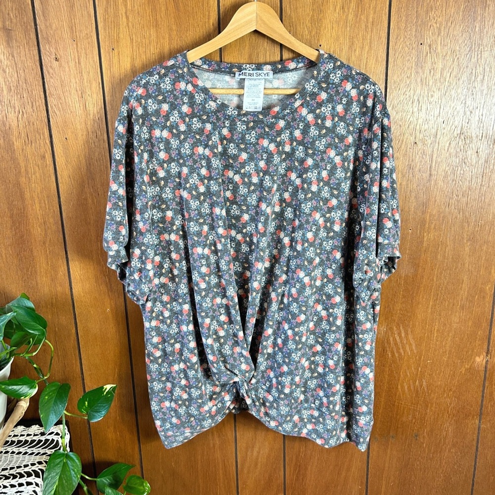 Meri‎ Skye Womens Plus 3X Floral Twist Front Short Sleeve Knit Top D-CS12101DIA